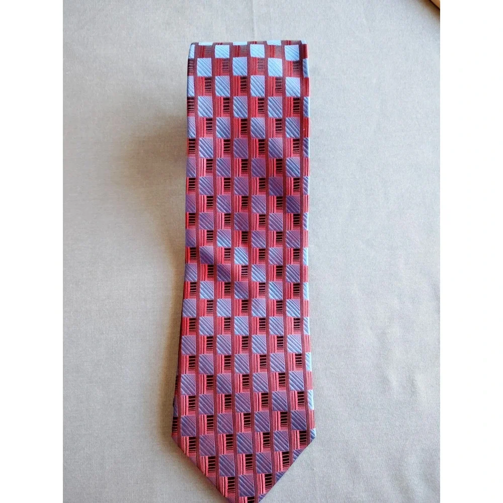 Zanzara Handmade Burgundy Blue Geometric 100% Silk Neck Tie 57